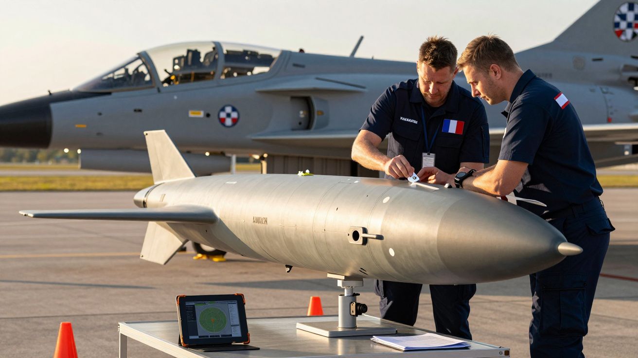 Dois homens inspecionam um míssil em frente a um caça militar num aeródromo, utilizando um tablet e documentos.