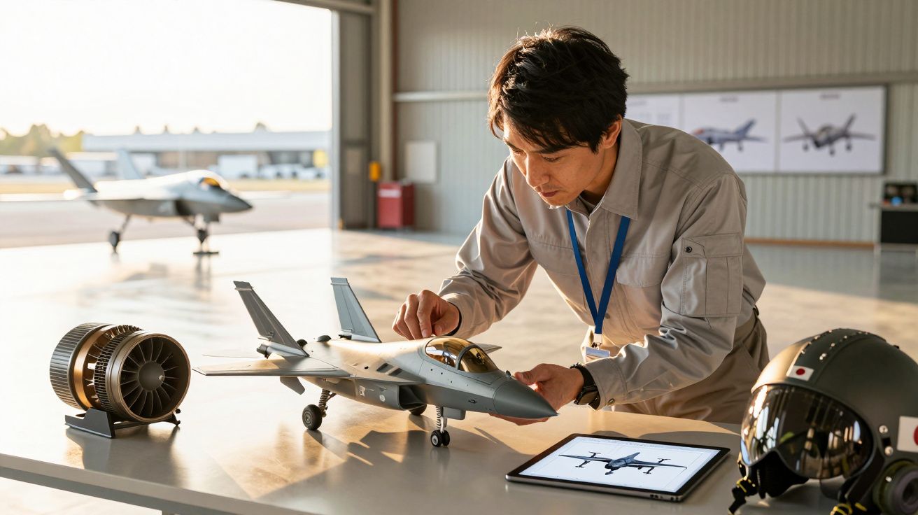 Engenheiro examina modelo de avião num hangar, com peças e tablet sobre a mesa. Outro avião ao fundo.