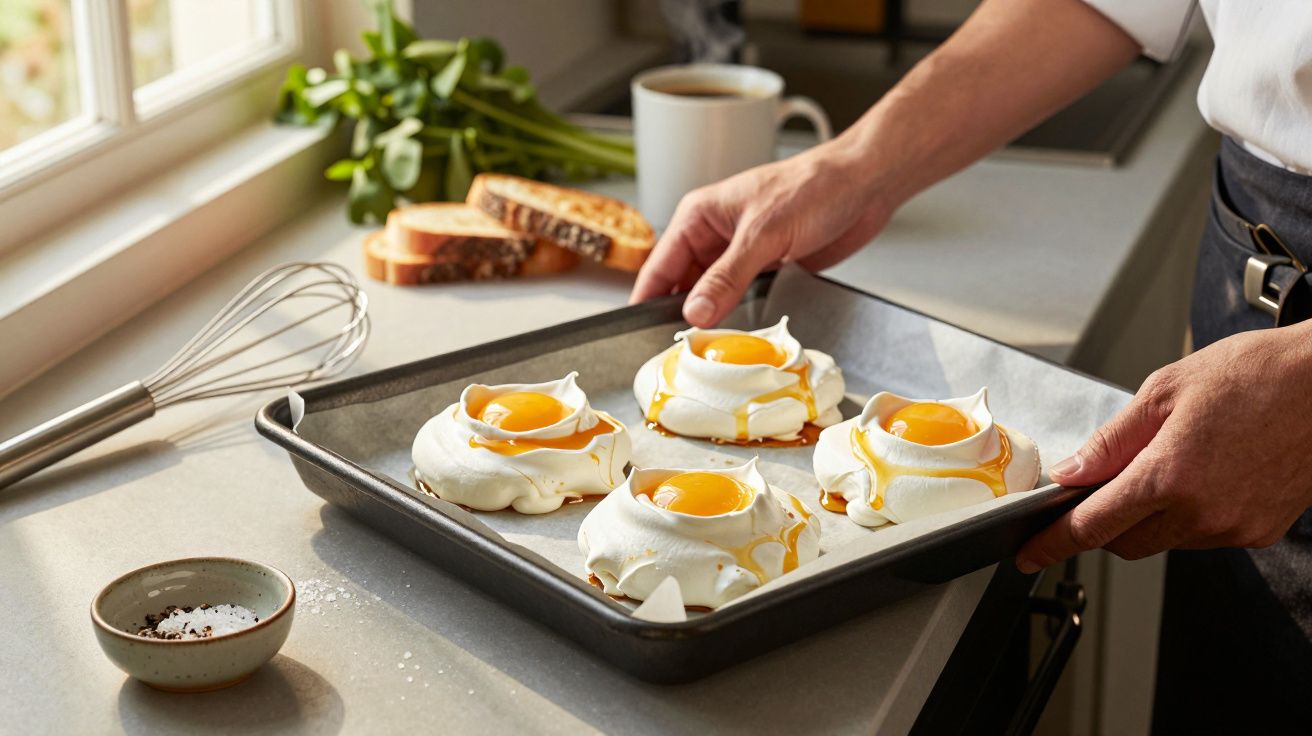 Mãos seguram tabuleiro com merengues com gemas de ovo. Ao fundo, fatias de pão e chávena de café.