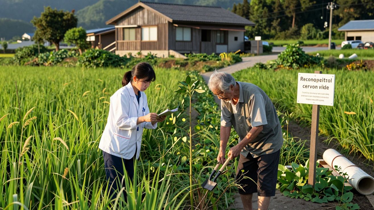 Mulher e homem trabalham em campo de cultivo ao lado de uma casa de madeira, num cenário rural e verdejante.