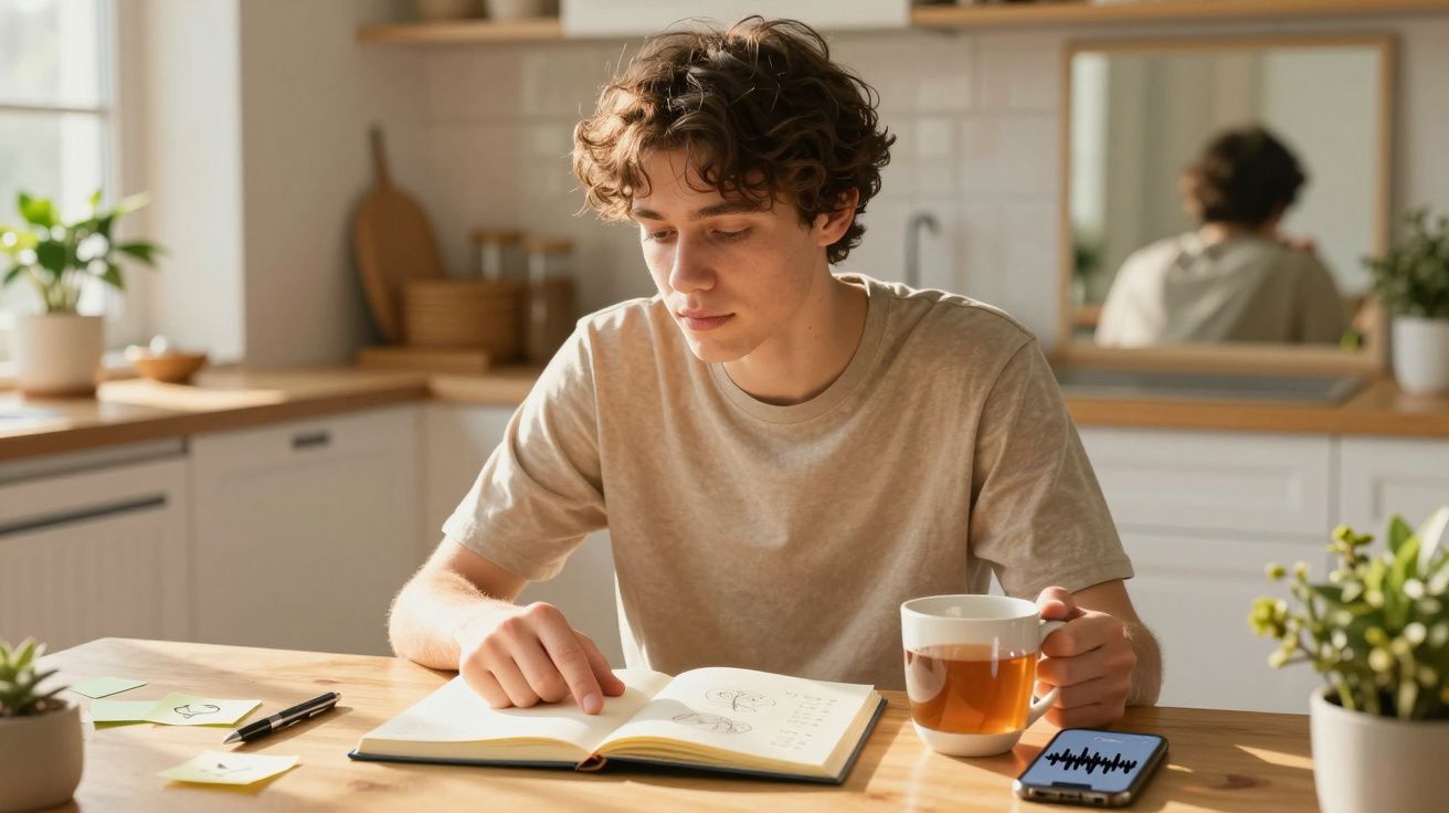 Jovem lendo um caderno numa cozinha ensolarada, segurando uma chávena. Smartphone ao lado, plantas ao fundo.