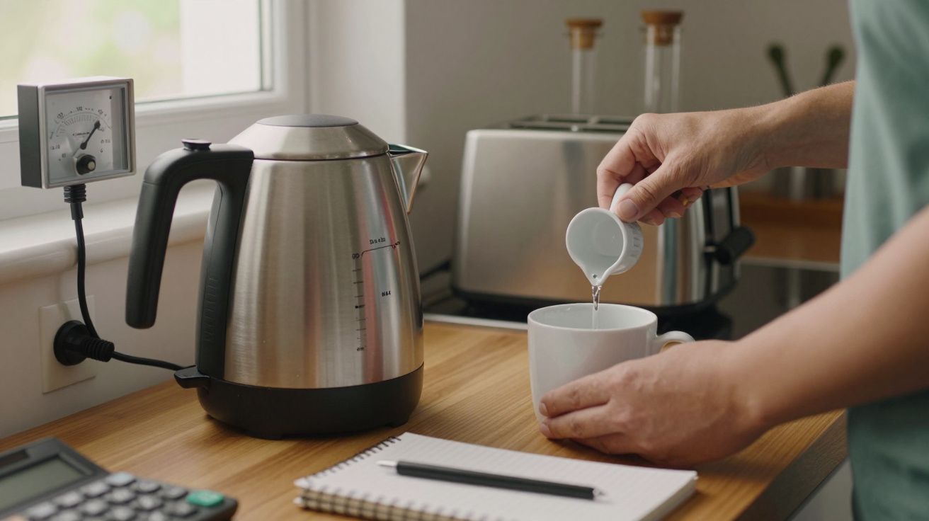 Pessoa a servir água numa chávena junto a chaleira elétrica numa bancada de cozinha com bloco de notas e torradeira.