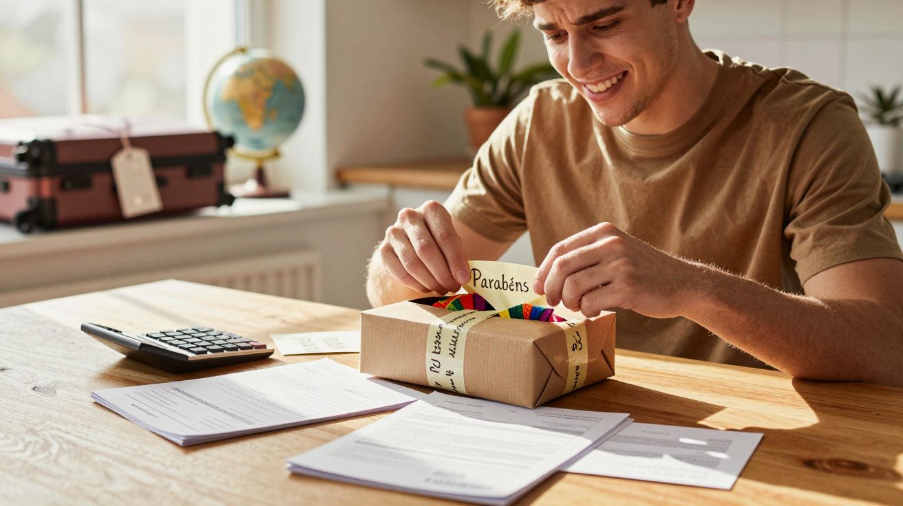 Homem sorridente abre presente com cartão de "Parabéns" numa mesa com documentos e calculadora.