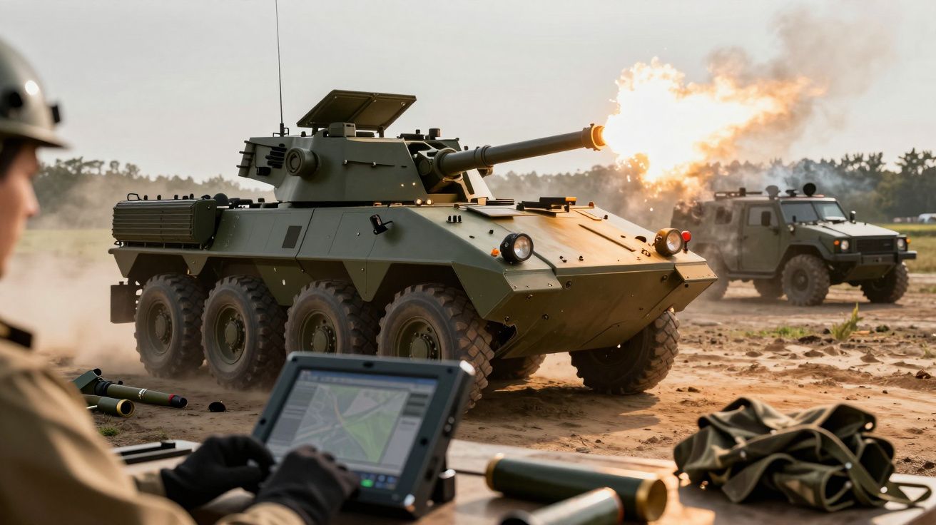 Veículo militar blindado dispara canhão enquanto pessoa observa ecrã em campo aberto.