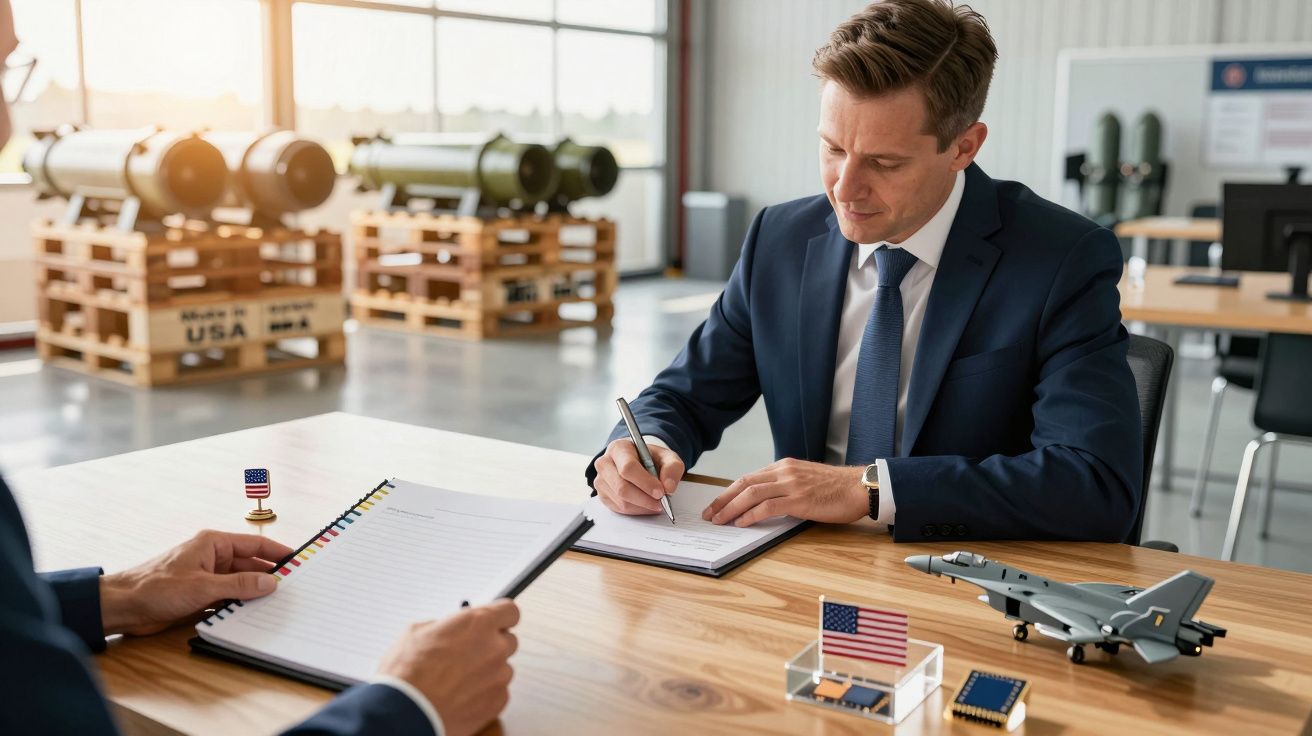 Dois homens de fato assinam documentos numa mesa com miniaturas de bandeira dos EUA e avião. Armazém ao fundo.