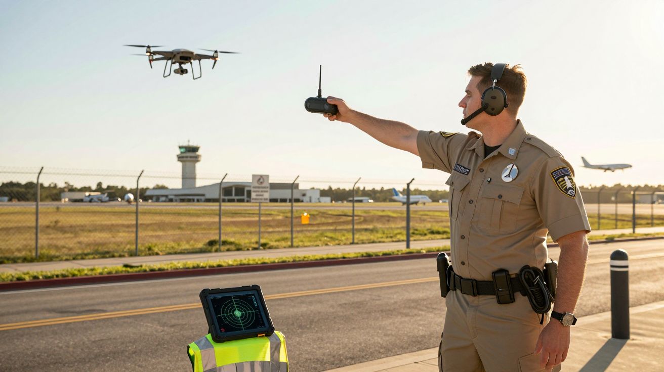 Agente de segurança opera um drone próximo a um aeroporto, com pista e torre de controle ao fundo.