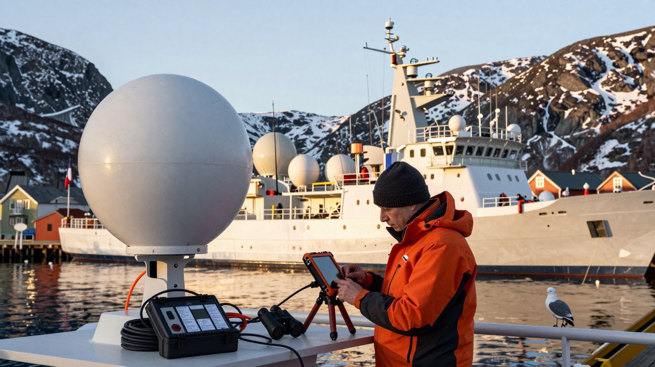 Homem em roupa laranja com tablet numa doca, barco ao fundo, montanhas com neve.