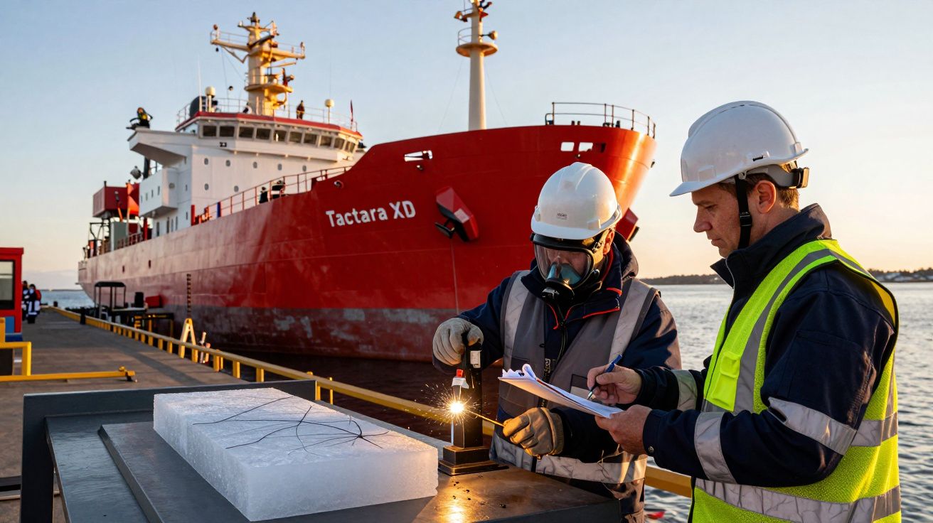 Dois trabalhadores com capacetes inspecionam carga em frente a um grande navio vermelho no cais ao pôr do sol.