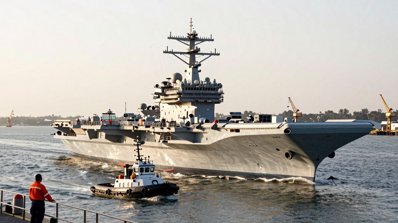 Porta-aviões com rebocador no porto, visto de frente. Um homem observa da doca.