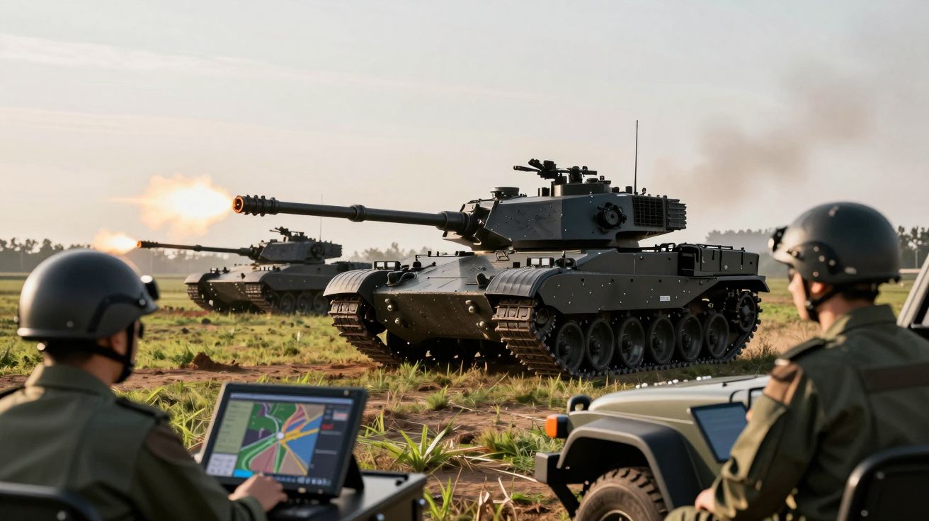 Dois soldados monitorizam veículos blindados durante exercício militar em campo aberto.