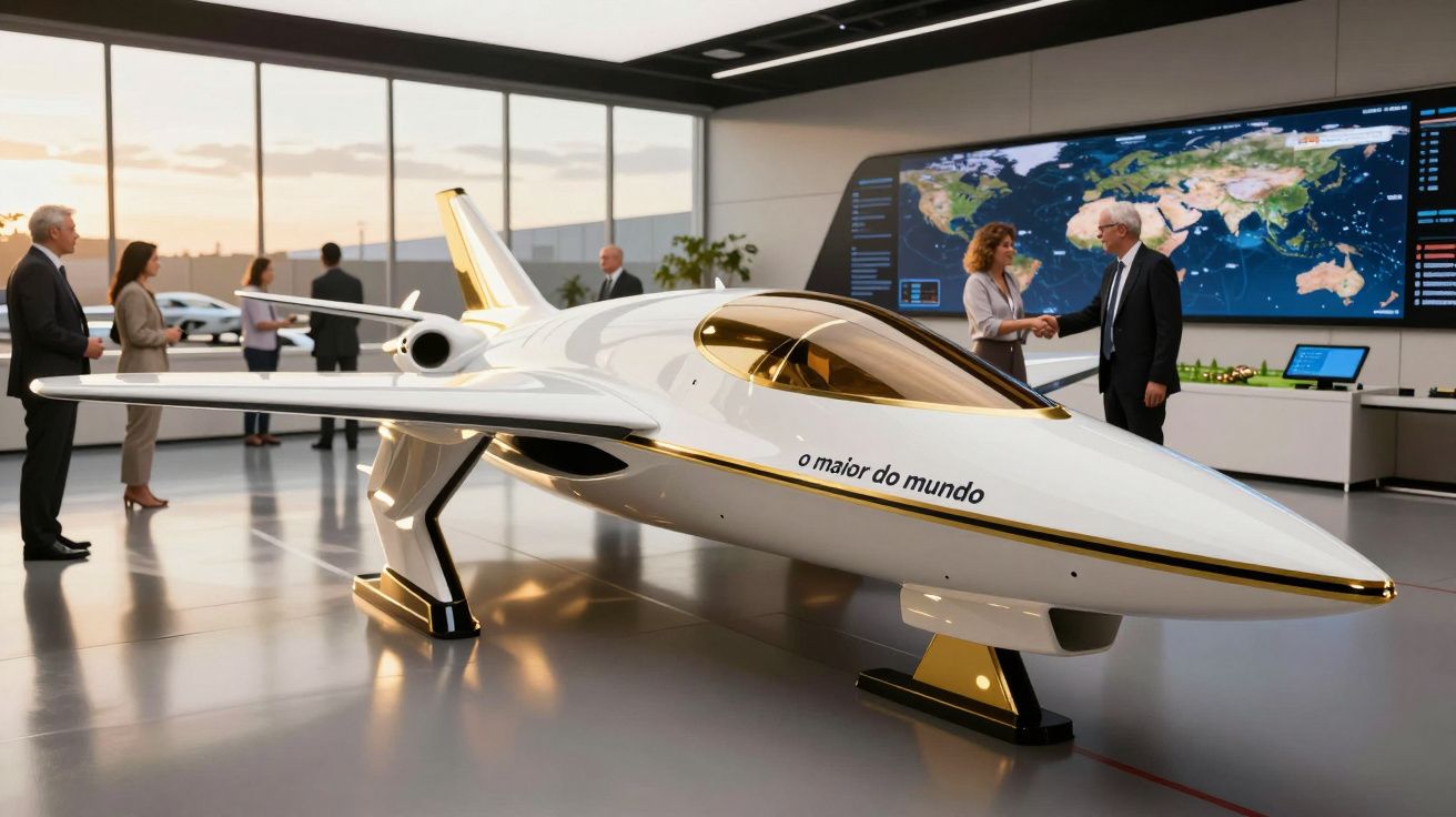 Modelo de avião futurista em exposição num escritório moderno, com pessoas ao fundo.