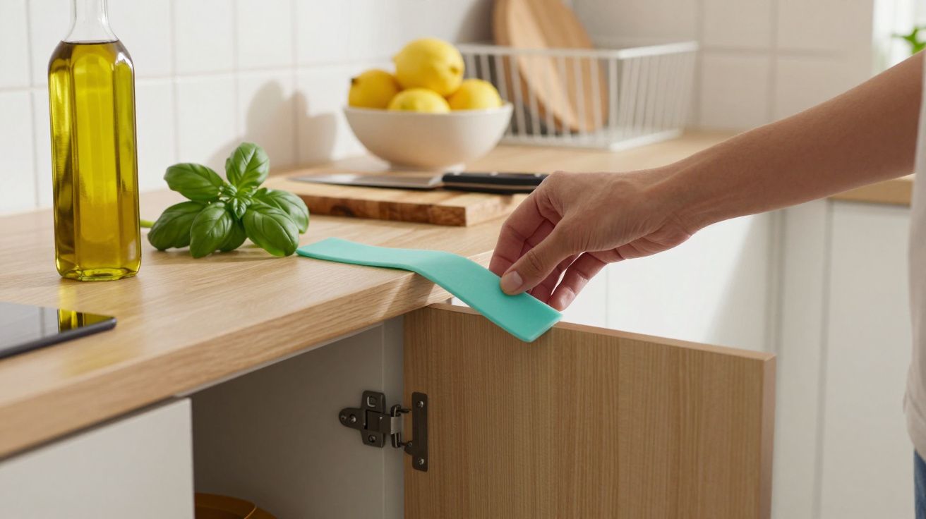 Mão abre porta de armário enquanto segura espátula verde em cozinha com bancada de madeira.