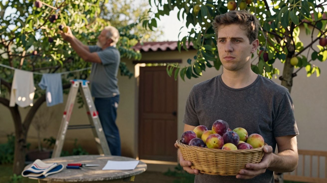 Jovem segura cesto de ameixas no jardim, enquanto homem colhe frutas da árvore atrás.