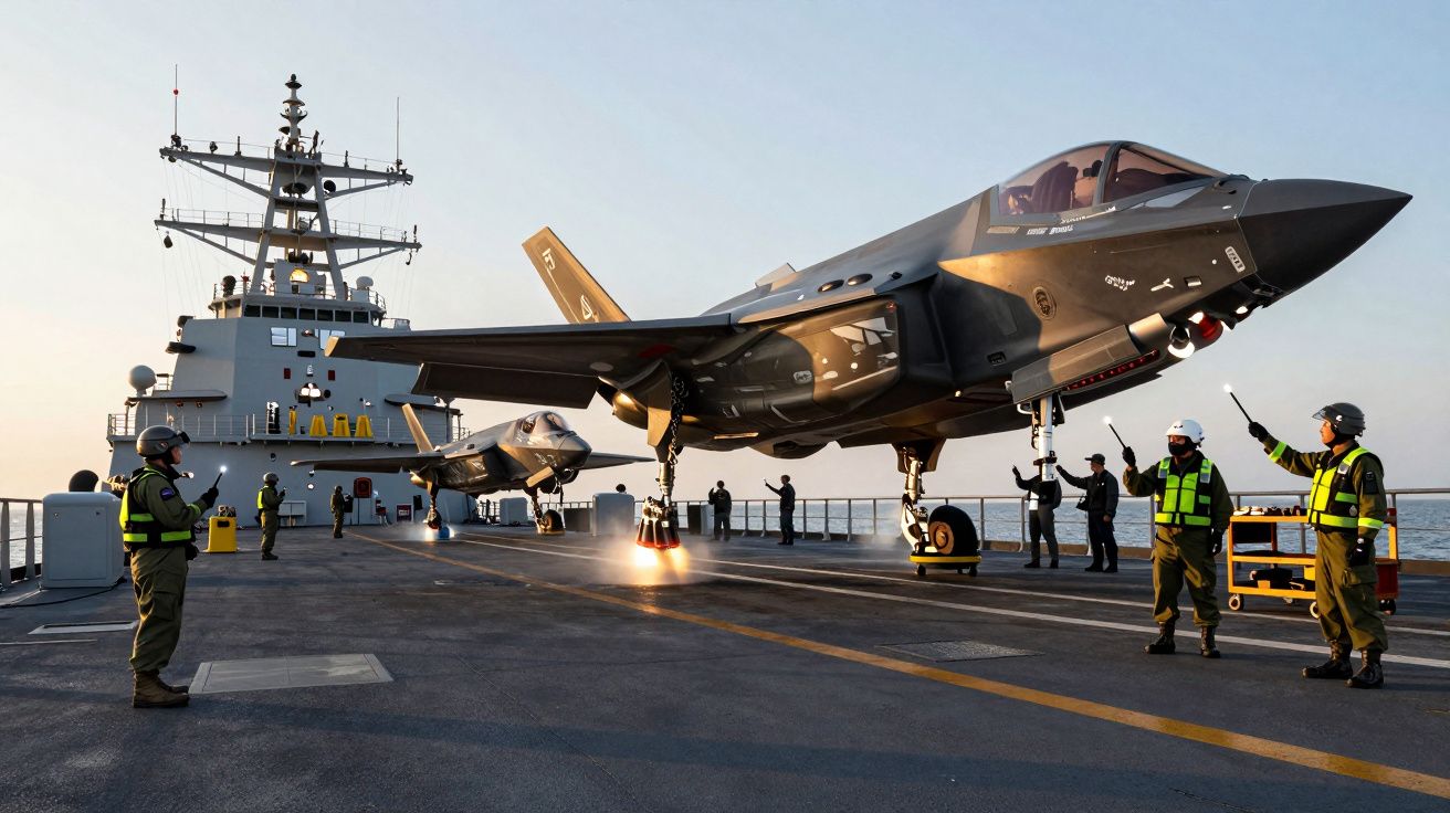 Caças a jato F-35B decolam de um porta-aviões ao pôr do sol, com tripulação naval supervisionando.