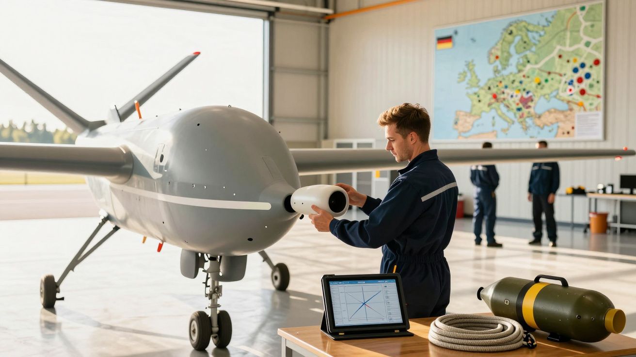 Técnico examina drone num hangar, com mapa na parede ao fundo e mesa com equipamentos à frente.