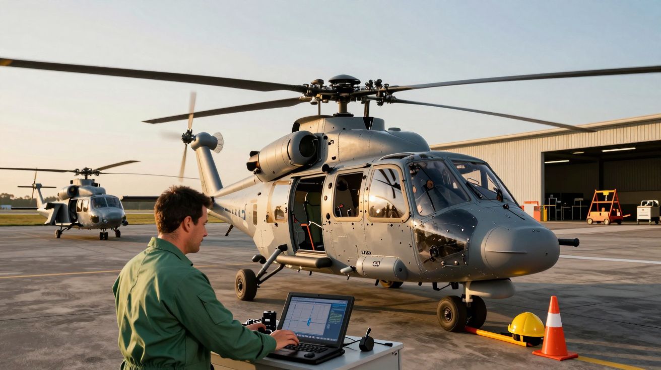 Homem em uniforme militar opera laptop perto de helicóptero cinza em hangar, ao nascer do sol. Outro helicóptero ao fundo.