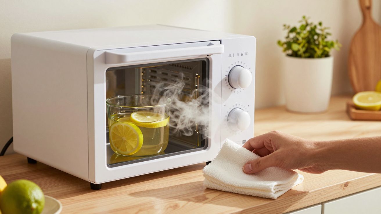 Mão segurando pano ao lado de micro-ondas com copo de água com limão a ferver, em bancada de cozinha.