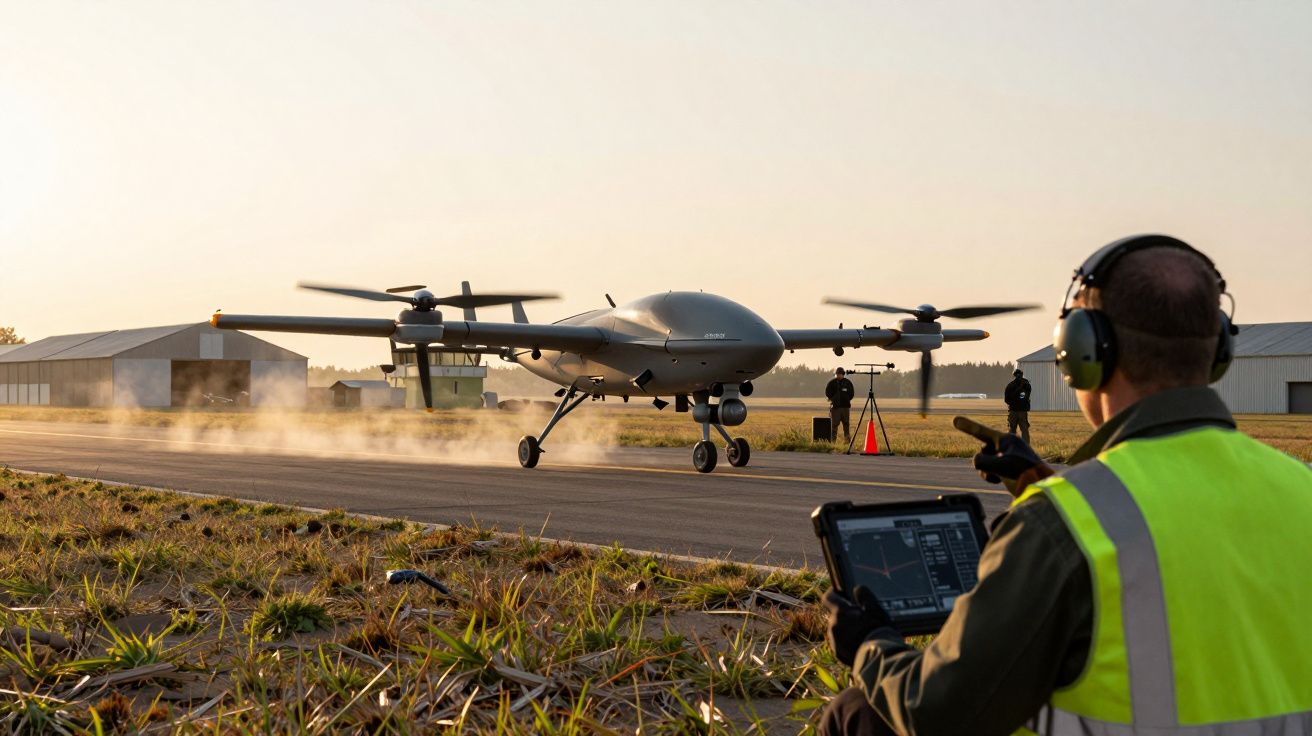 Operador controla drone em pista de aeroporto, com hangares ao fundo, ao amanhecer.