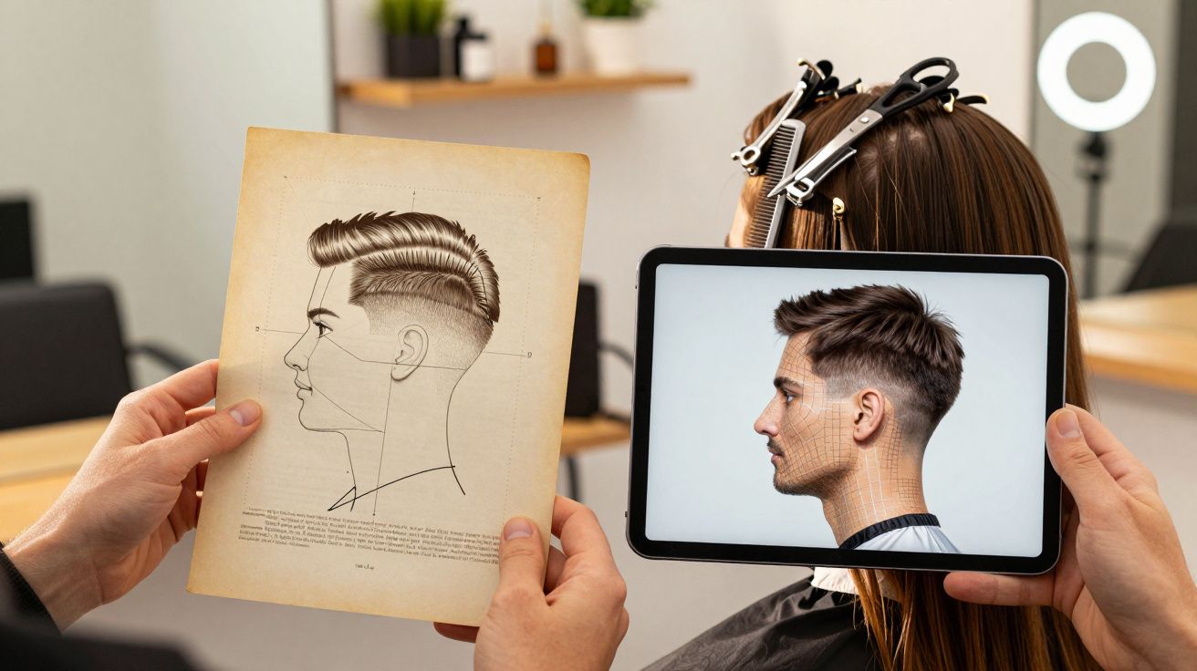 Pessoa usa um tablet e uma ilustração para mostrar um corte de cabelo moderno num salão de cabeleireiro.