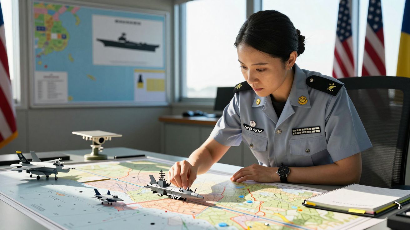 Mulher fardada planeia estratégia militar com mapa e modelos de aviões em escritório, bandeiras ao fundo.