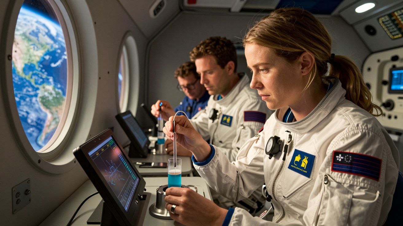 Astronautas em nave espacial fazem experimentos com líquidos, com vista da Terra pela janela.