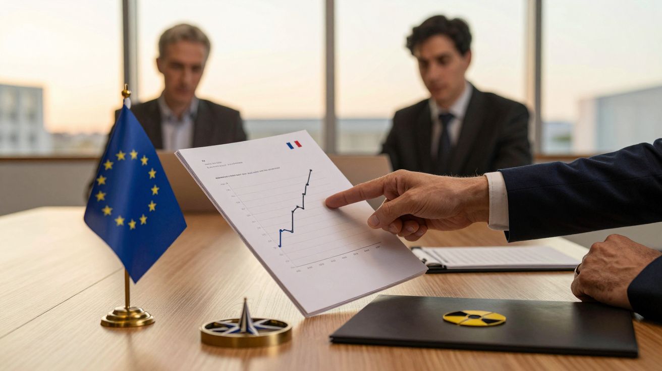 Reunião com gráfico apresentado por mão em mesa, bandeira da UE, dois homens ao fundo.