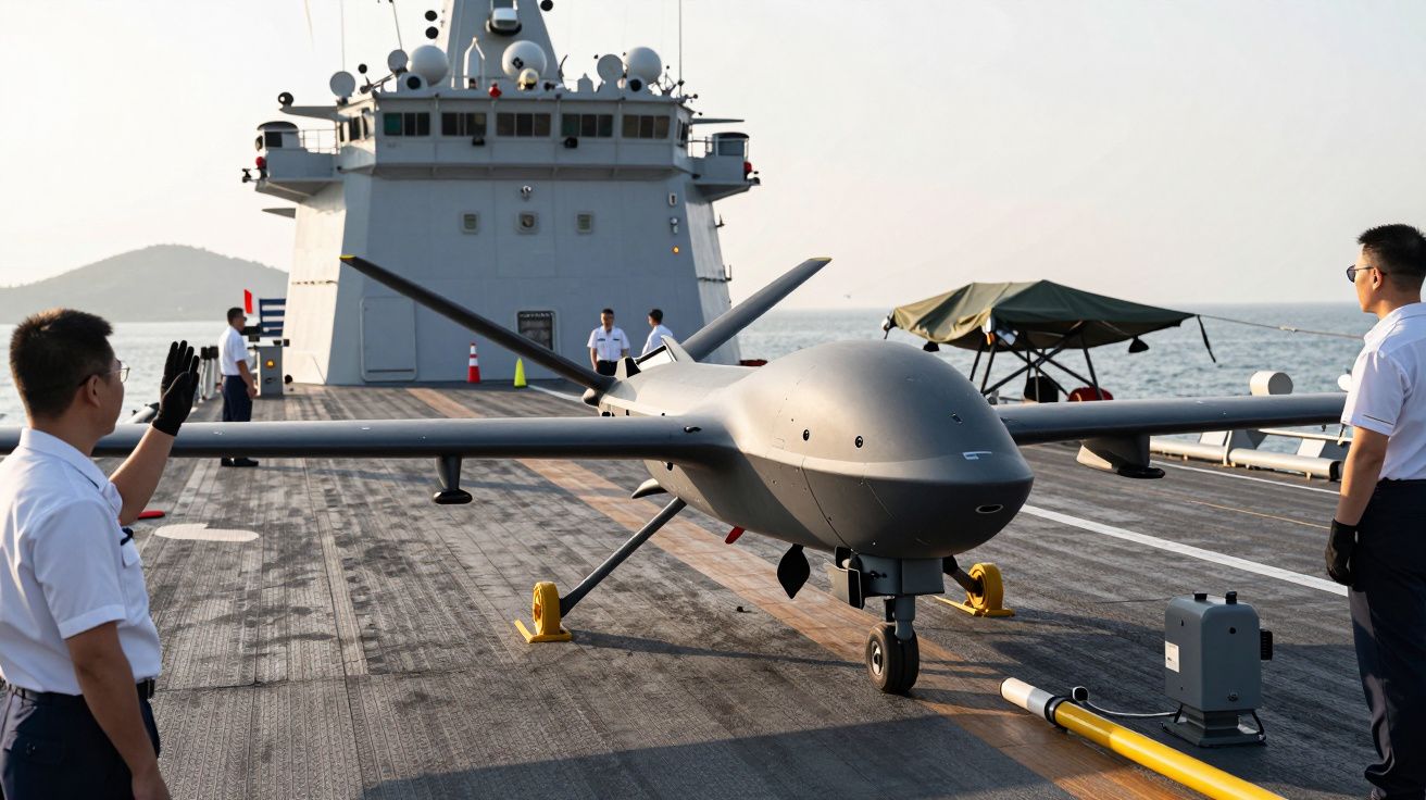 Drone estacionado num navio, com tripulação naval ao redor em mar aberto.