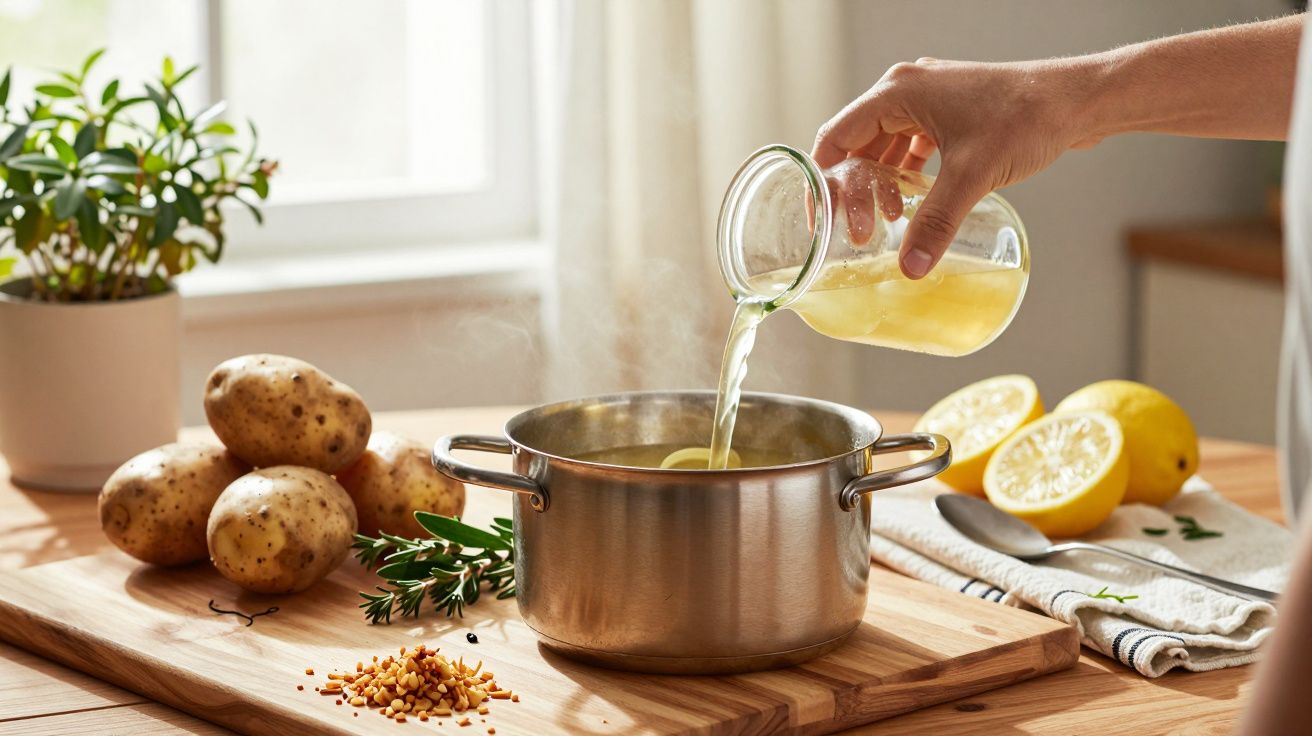 Mão a verter caldo numa panela com batatas e limões no fundo de uma cozinha iluminada pelo sol.