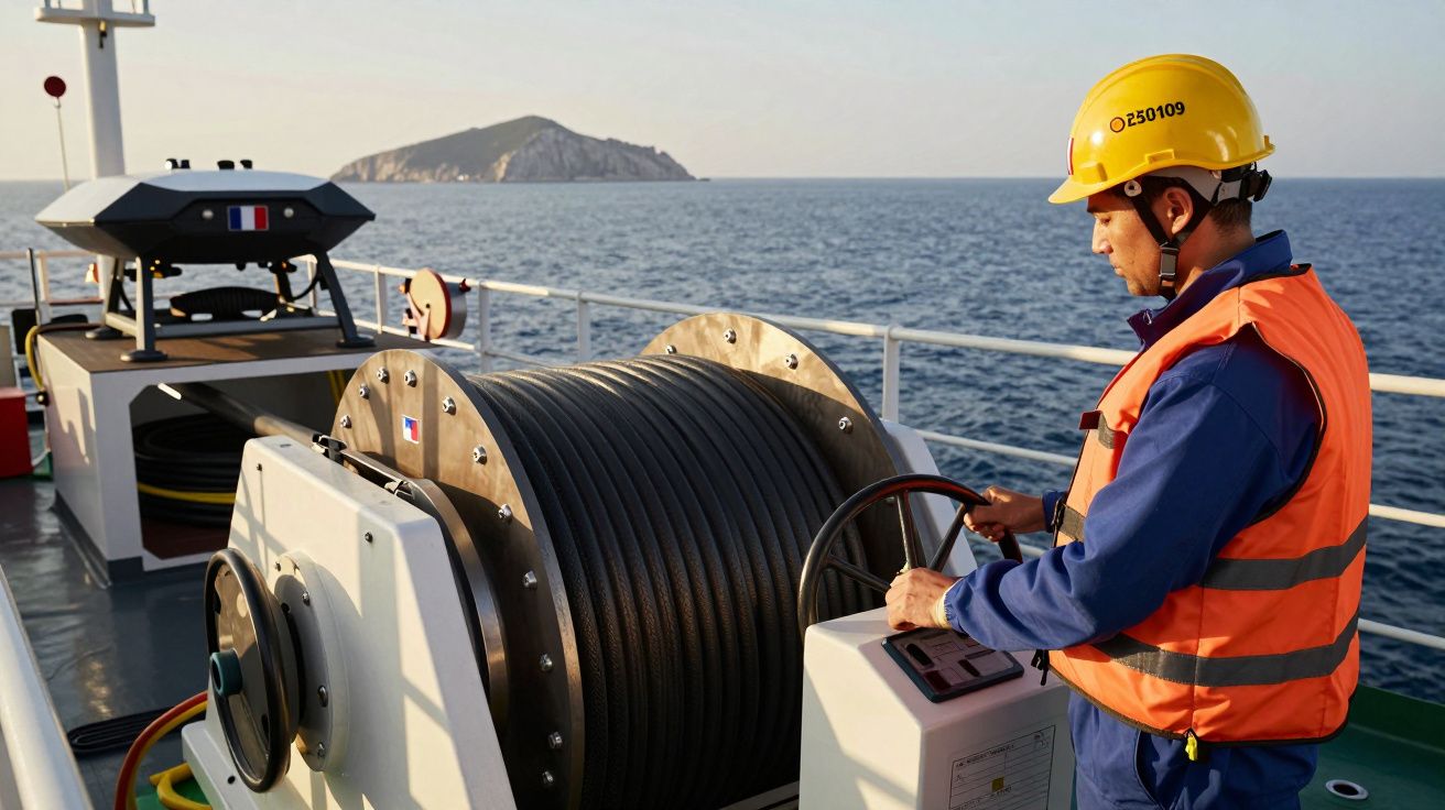 Trabalhador com capacete e colete verifica equipamento num navio em frente ao mar com uma ilha ao fundo.