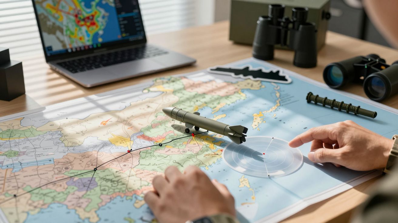 Mapa com rota marcada, foguete de brincar, binóculos e portátil. Mão ajusta alvo em papel de uma região asiática.