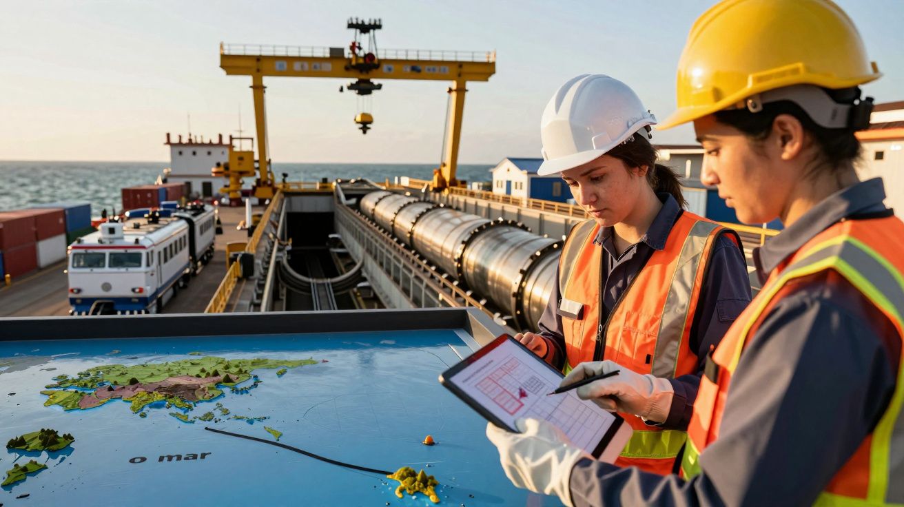 Trabalhadores com capacetes e coletes refletores num porto, consultando um tablet perto de um mapa e equipamento industrial.