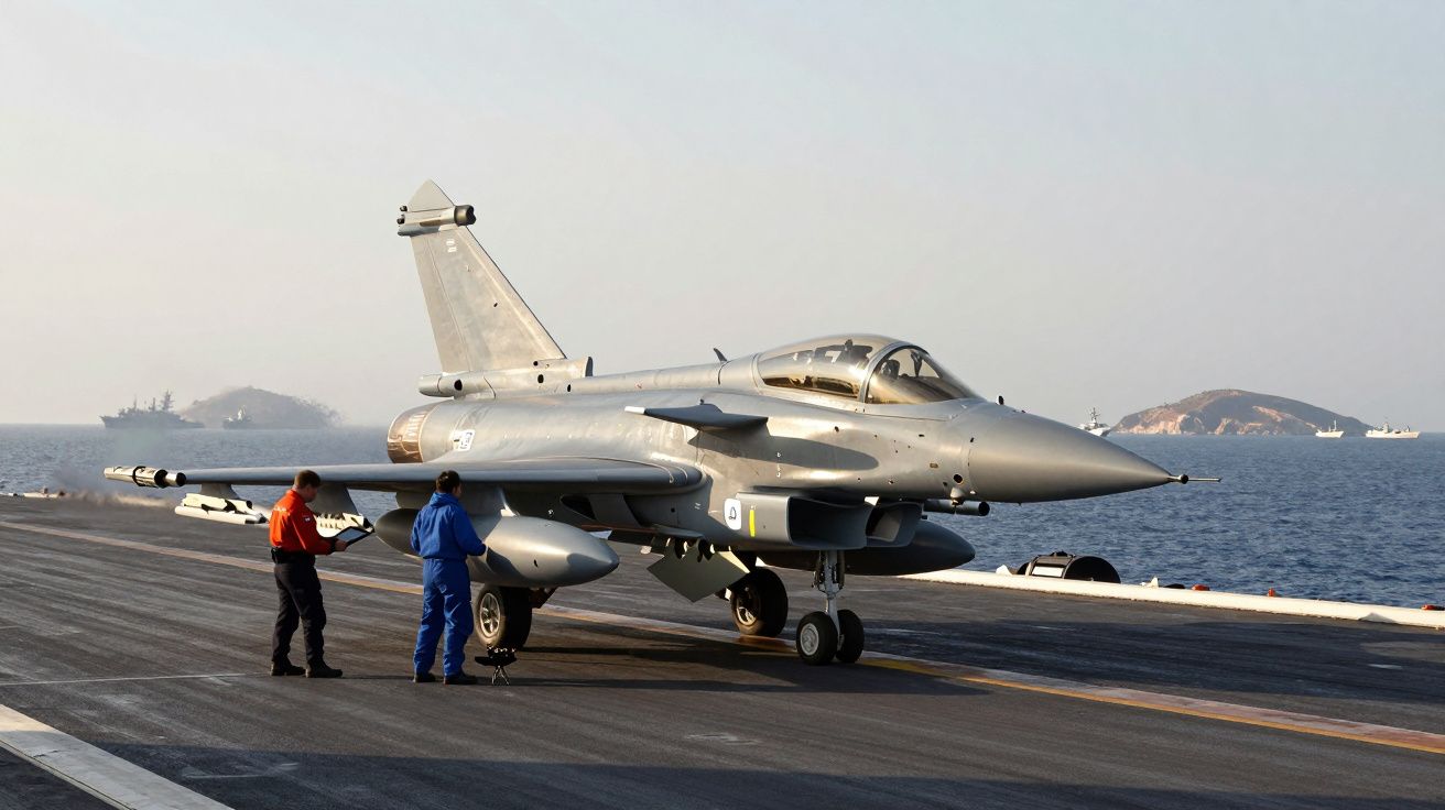 Avião de combate no convés de um porta-aviões, com dois técnicos ao lado e mar ao fundo.