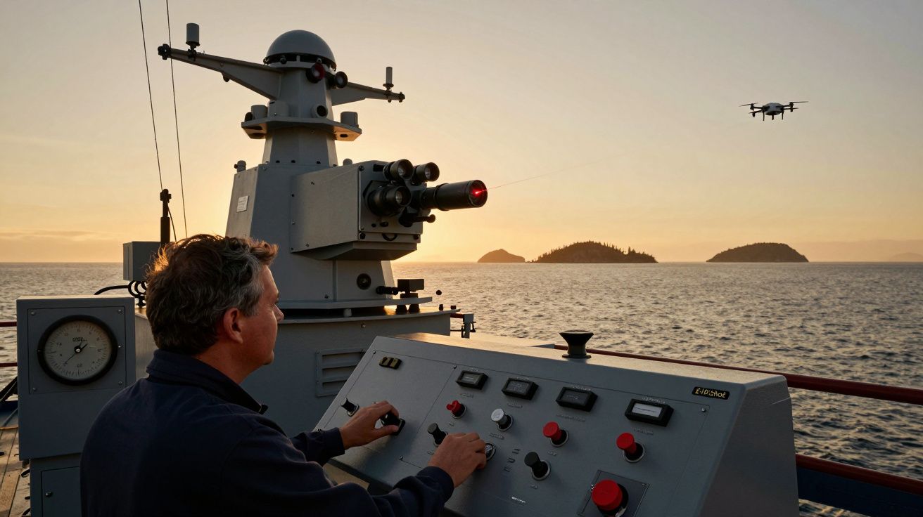 Homem a operar um painel de controle num barco, ao pôr do sol, observando um drone sobre o mar.