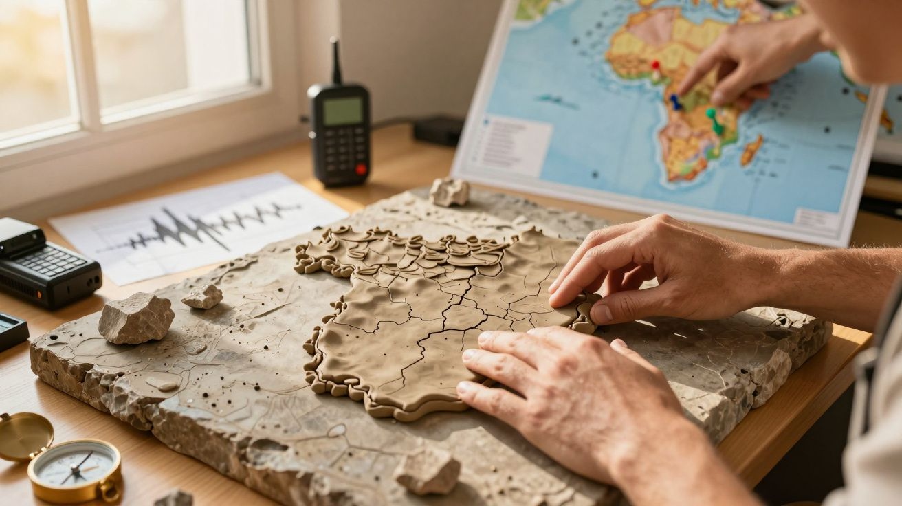 Mãos ajustam um mapa de argila com fissuras em um laboratório, ao lado de um mapa, uma bússola e um walkie-talkie.