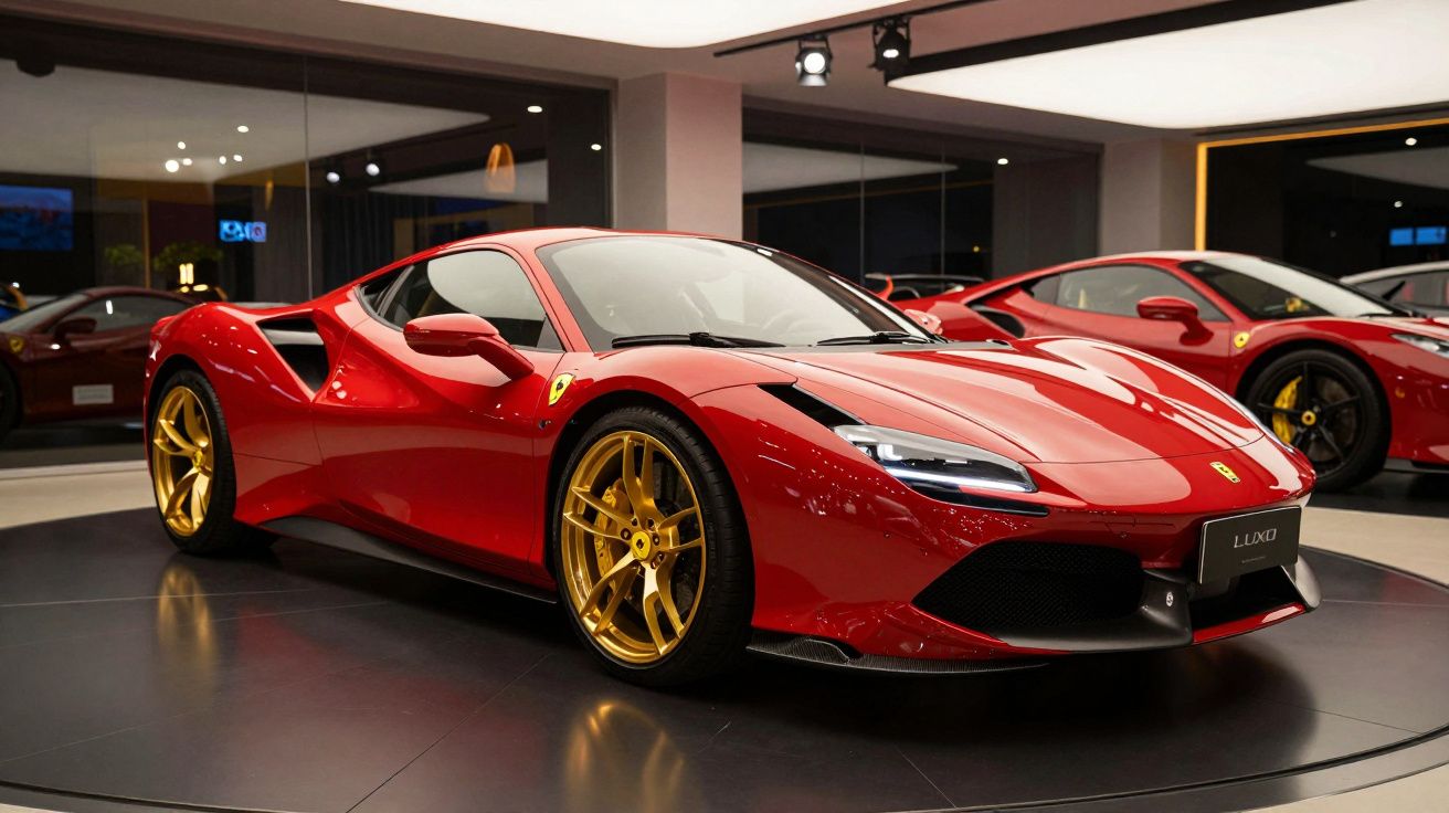 Carro desportivo vermelho num showroom, com interior iluminado e reflexos brilhantes nas superfícies metálicas.