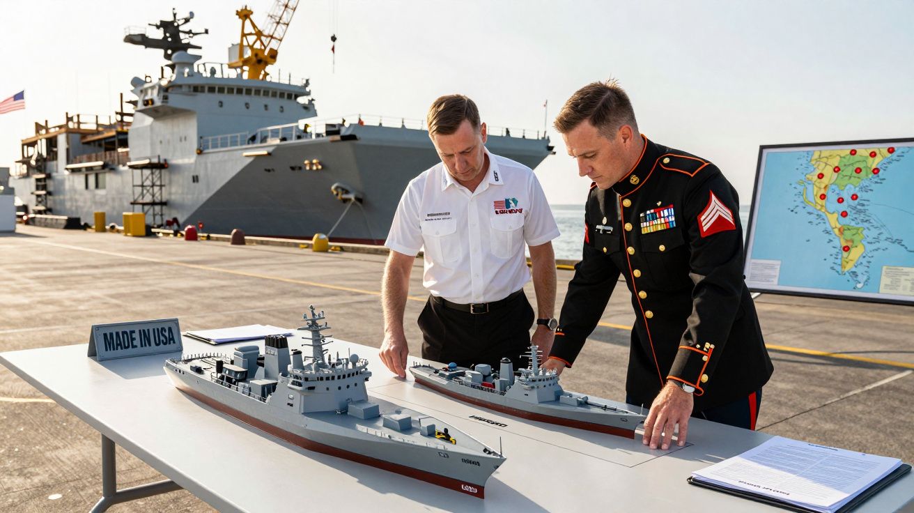 Dois homens analisam modelos de navios militares numa mesa em frente a um grande navio no porto.