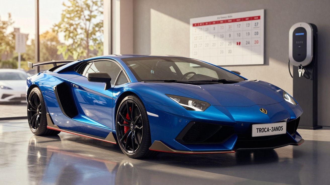 Carro desportivo azul em showroom moderno com carregador elétrico e calendário na parede.