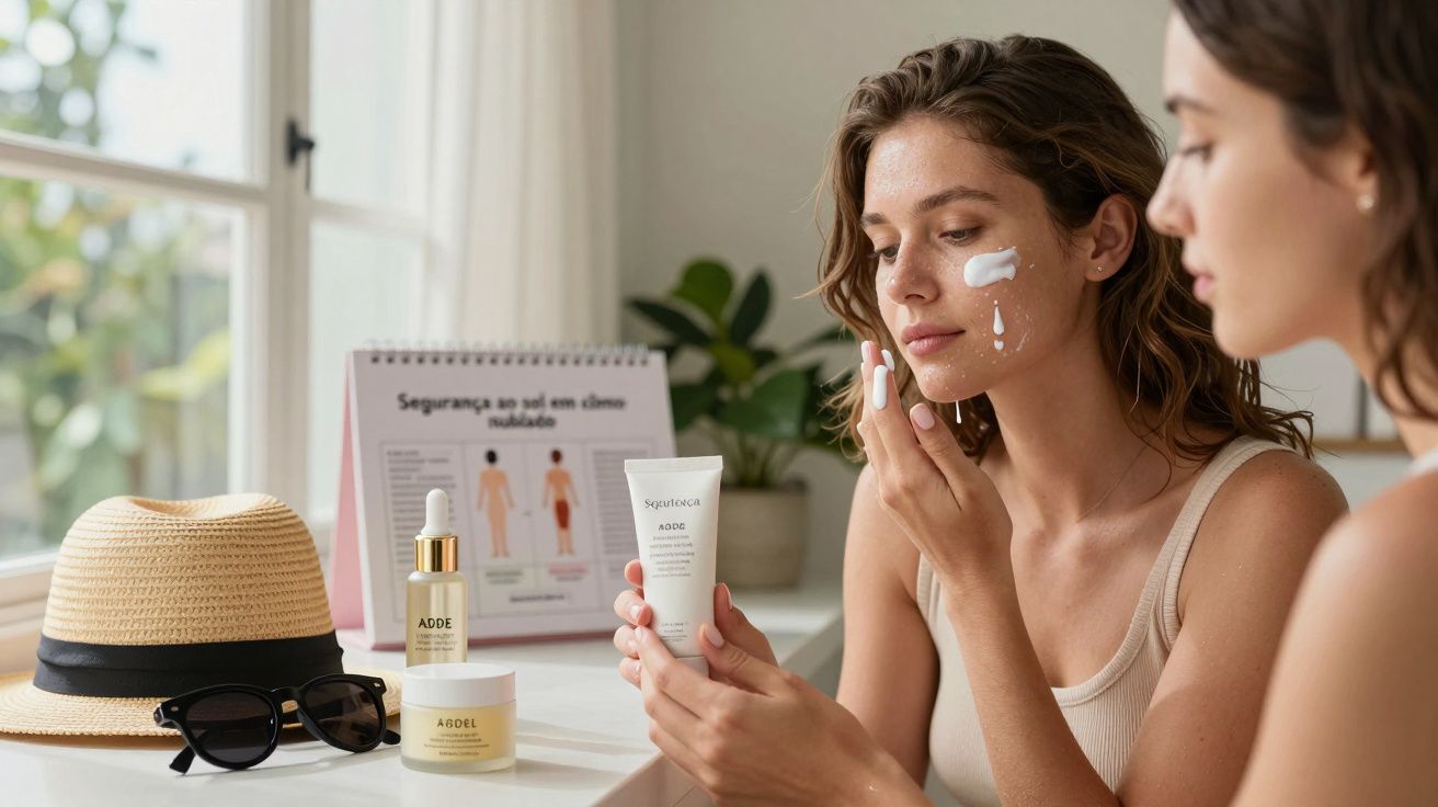 Duas mulheres aplicam protetor solar no rosto junto a uma janela com chapéu, óculos de sol e produtos de skincare ao lado.