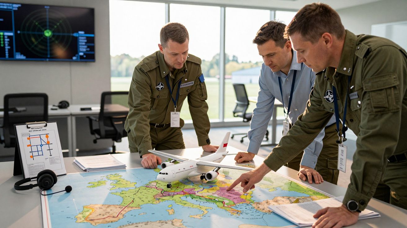 Três homens em uniforme e camisa analisam mapa com modelo de avião em sala de conferência moderna.