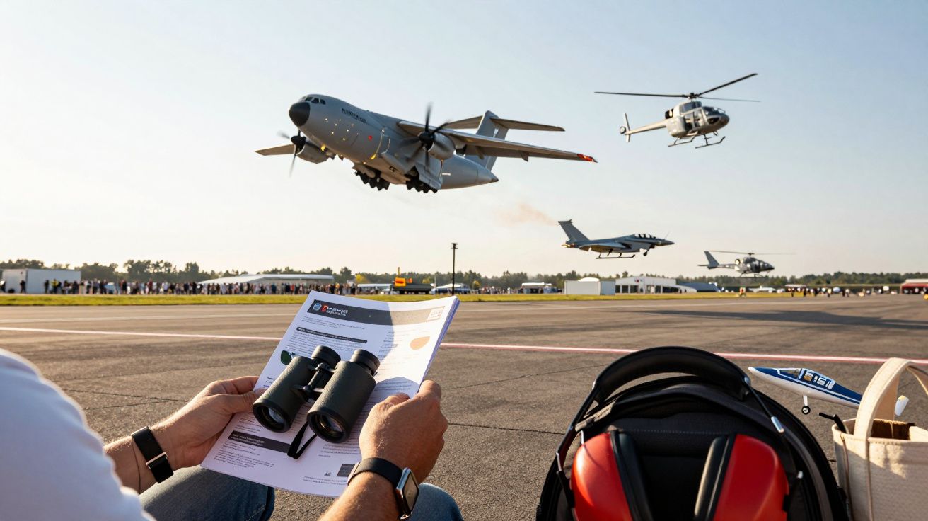 Pessoa observando aviões e helicóptero em exibição aérea, segurando binóculos e panfleto, com auscultadores ao lado.