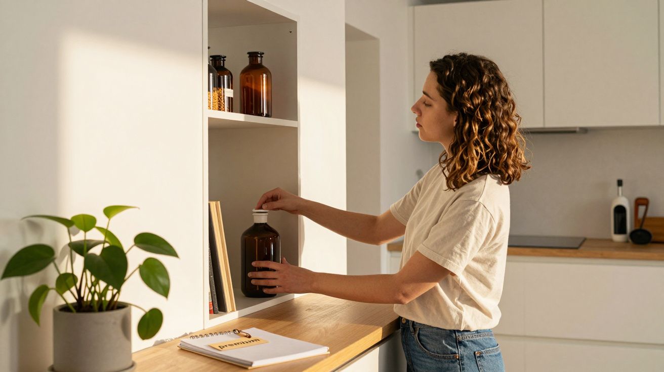 Mulher numa cozinha moderna, arruma frascos numa prateleira enquanto um vaso com planta e um caderno estão na bancada.