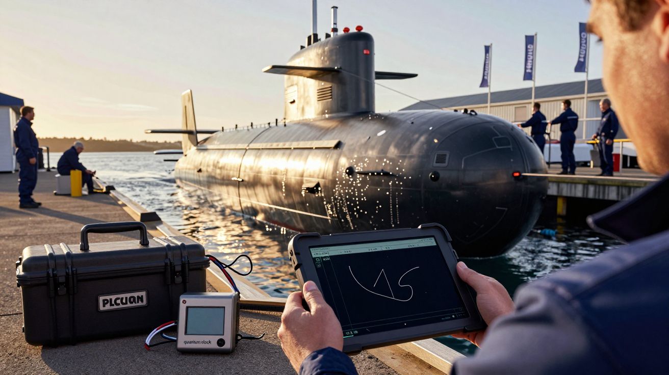 Pessoa controla tablet em frente a submarino ancorado, com equipamento técnico ao lado na doca.