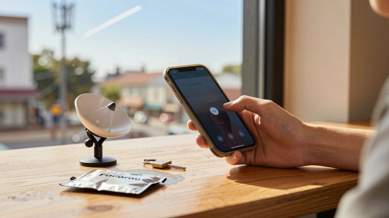 Pessoa segura um smartphone junto a janela, perto de uma mini antena parabólica e um conjunto de chaves sobre a mesa.