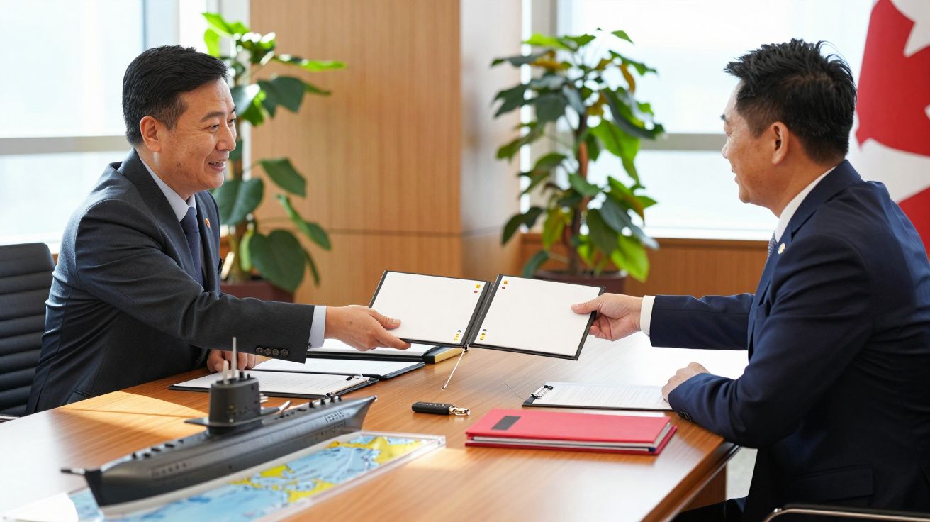 Dois homens de fato trocam documentos sobre uma mesa de escritório com maquete de submarino e plantas ao fundo.