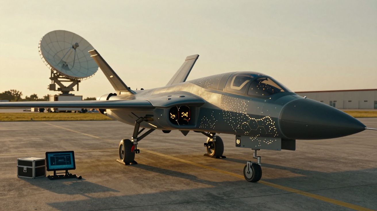 Avião militar no aeródromo ao pôr do sol, com radar parabólico ao fundo e computador portátil próximo.