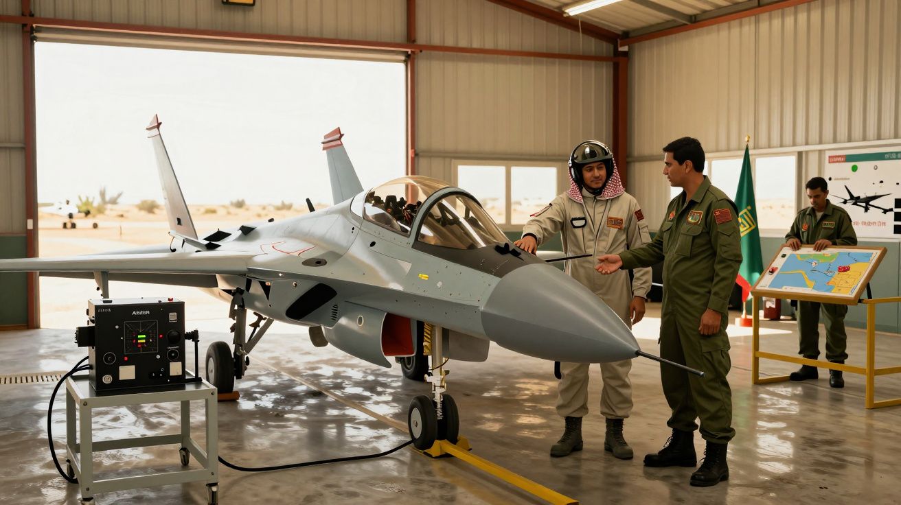 Dois pilotos conversam ao lado de um jato militar cinza num hangar com mapas ao fundo.