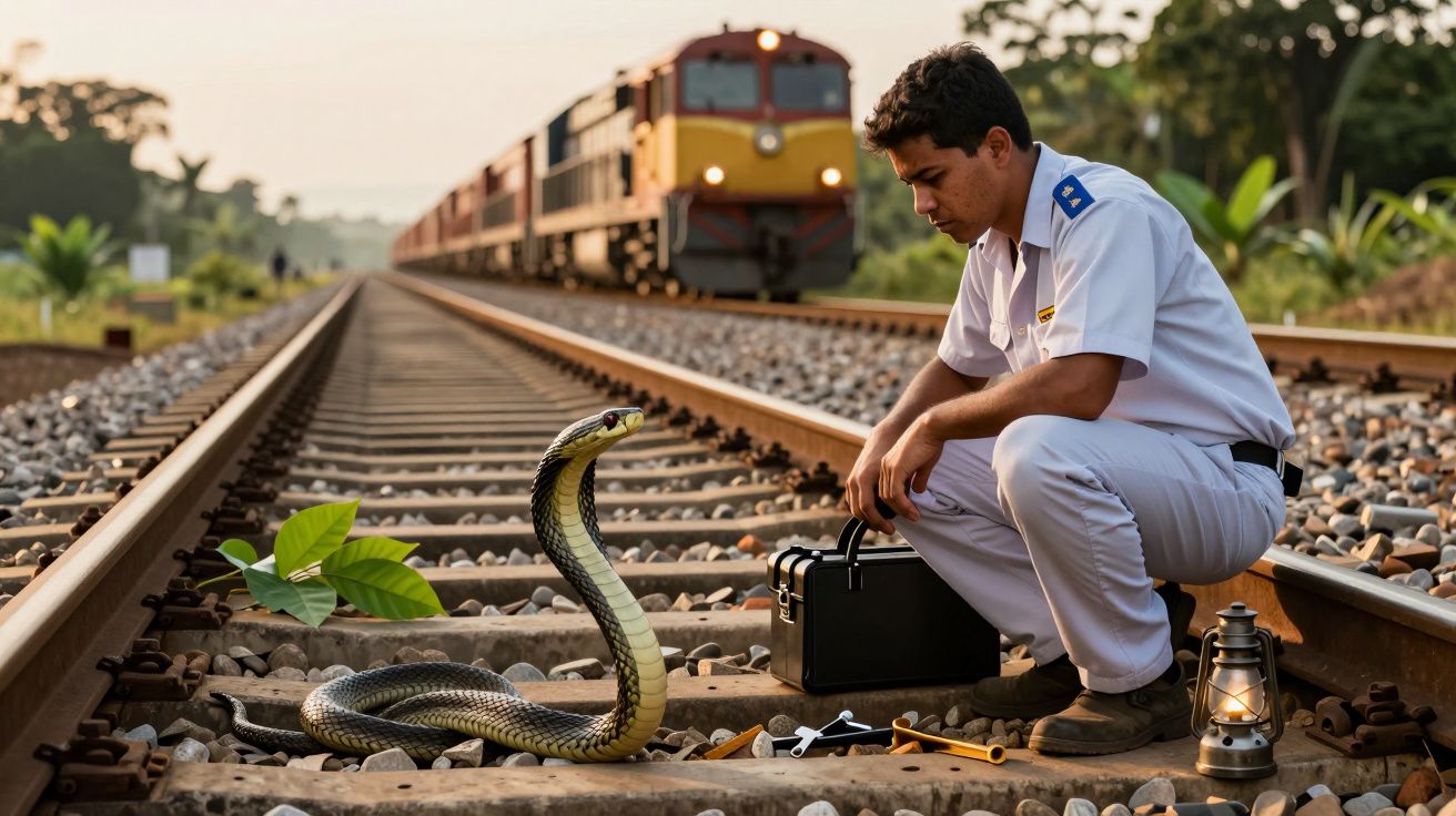 Homem uniformizado observa cobra numa linha de comboio com ferramentas próximas e comboio ao fundo.