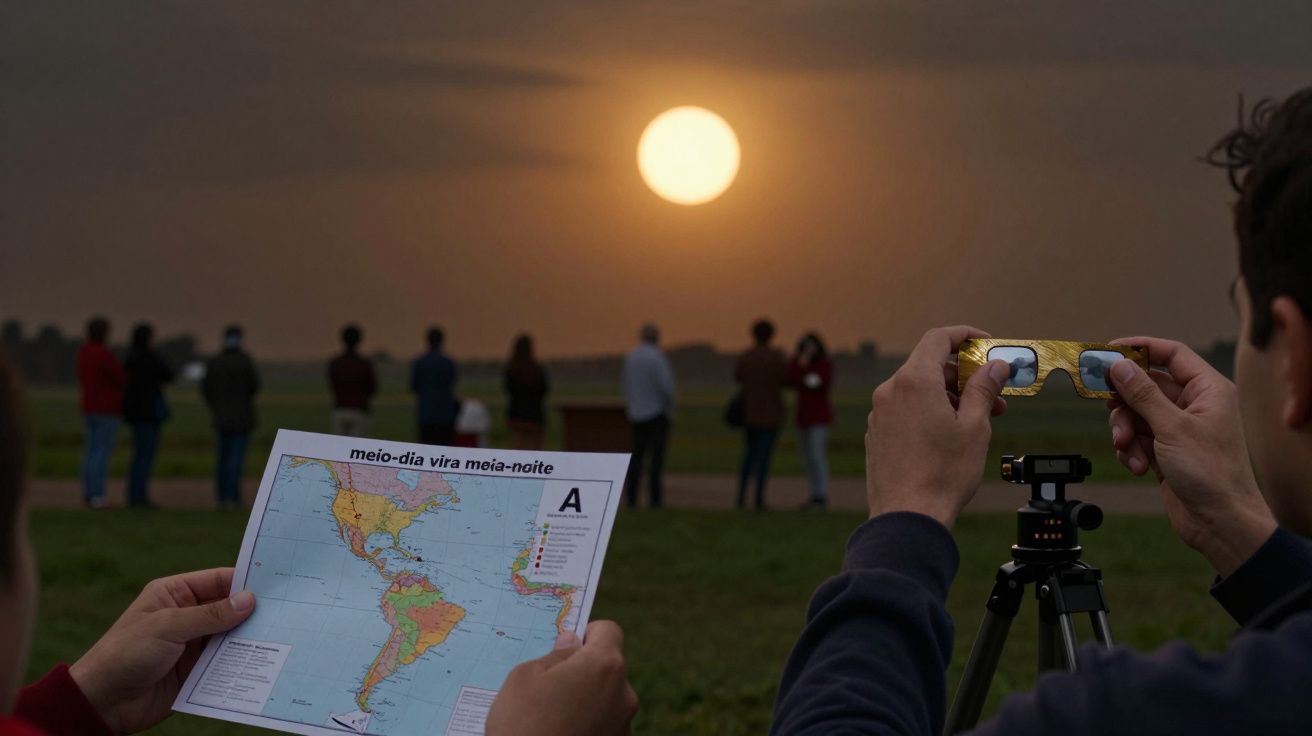 Pessoa segura mapa e óculos de eclipse ao pôr do sol, com grupo a observar ao fundo.