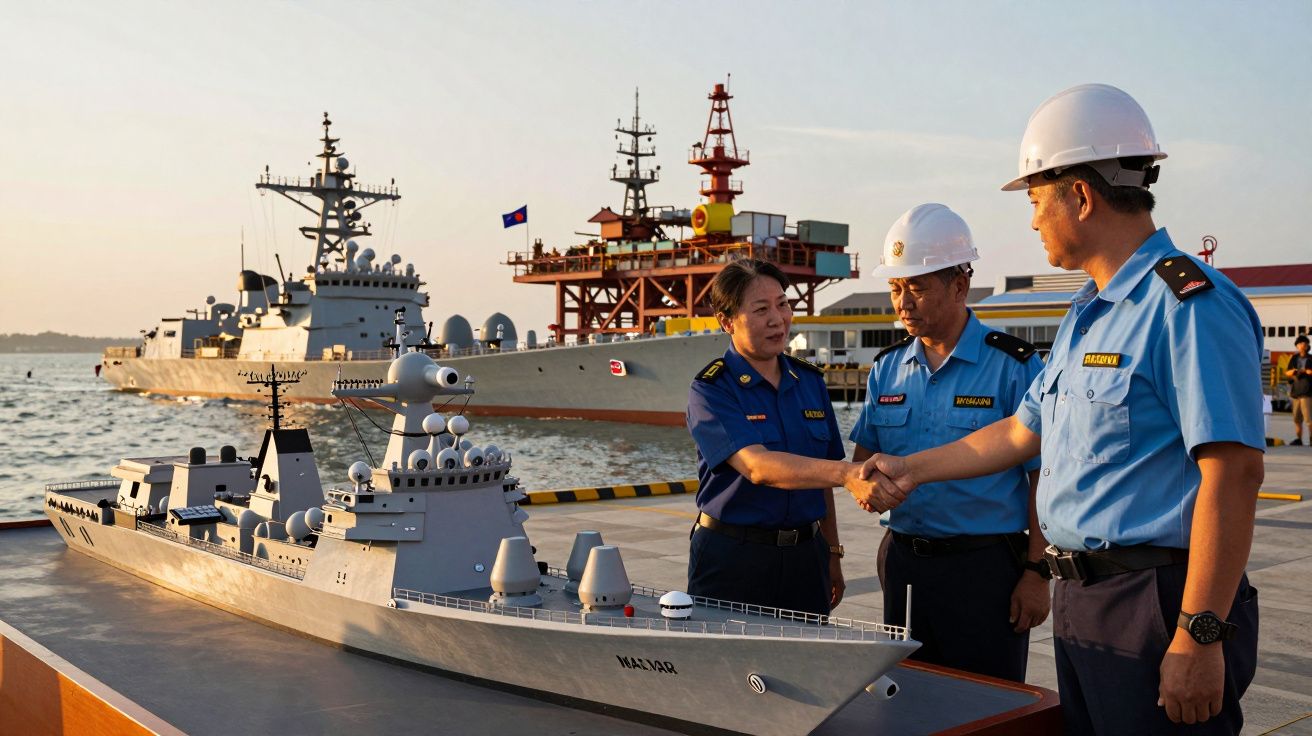 Oficiais navais cumprimentam-se ao lado de um modelo de navio de guerra em um cais com barcos ao fundo.