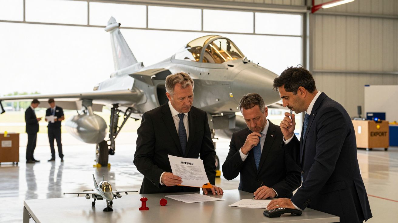 Três homens discutem documentos numa oficina com um caça a jato ao fundo.